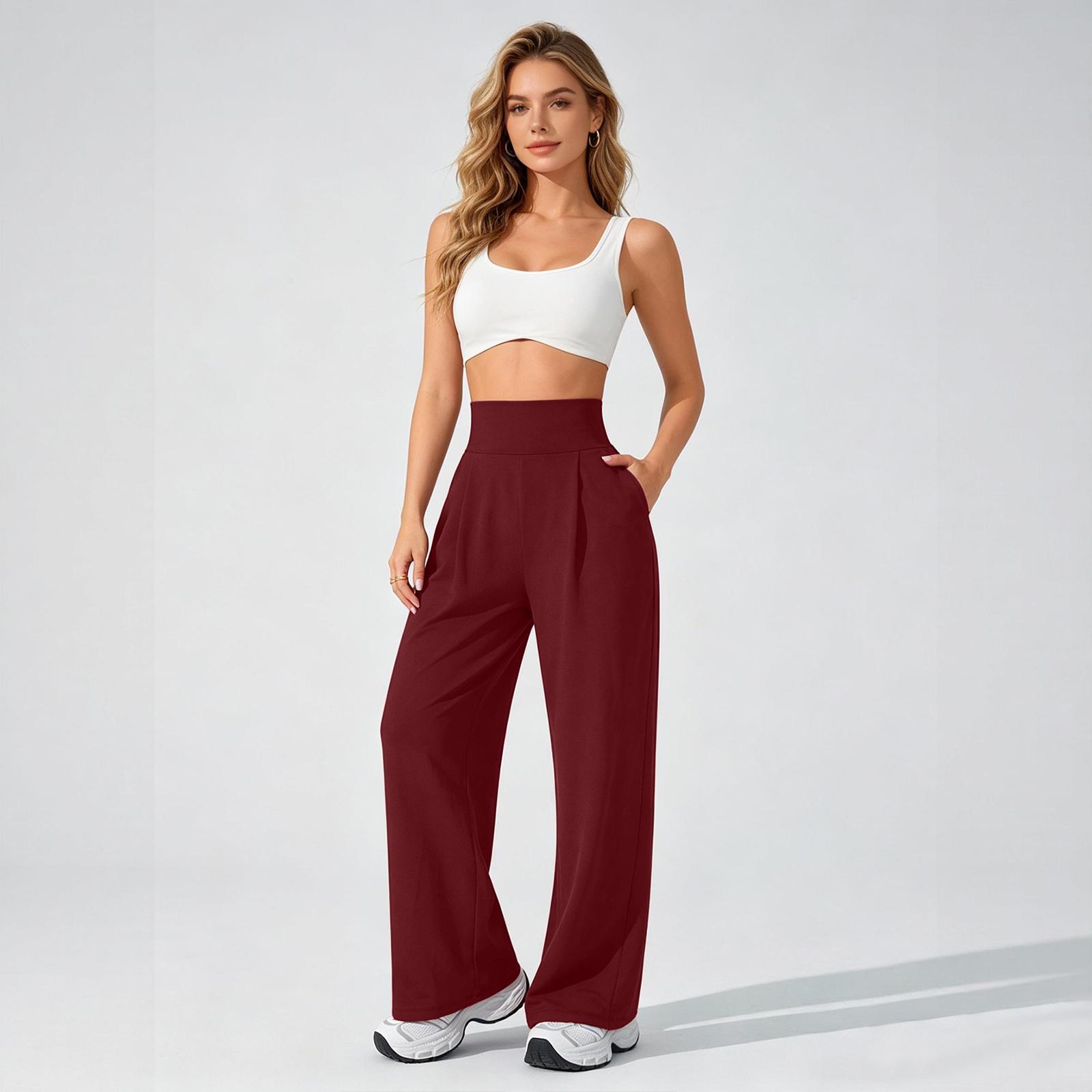 

High Waist Wide Leg Yoga Pants for Women Loose Fit Elastic Waistband Relaxed Lounge Workout Trousers with Pockets XL винний