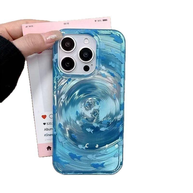 Transparent Blue Vortex Fish Water Ripple Pattern Case For iPhone 15 16 17 Pro Max 13 14 12 11 Glitter Cover With A Koi Pendant