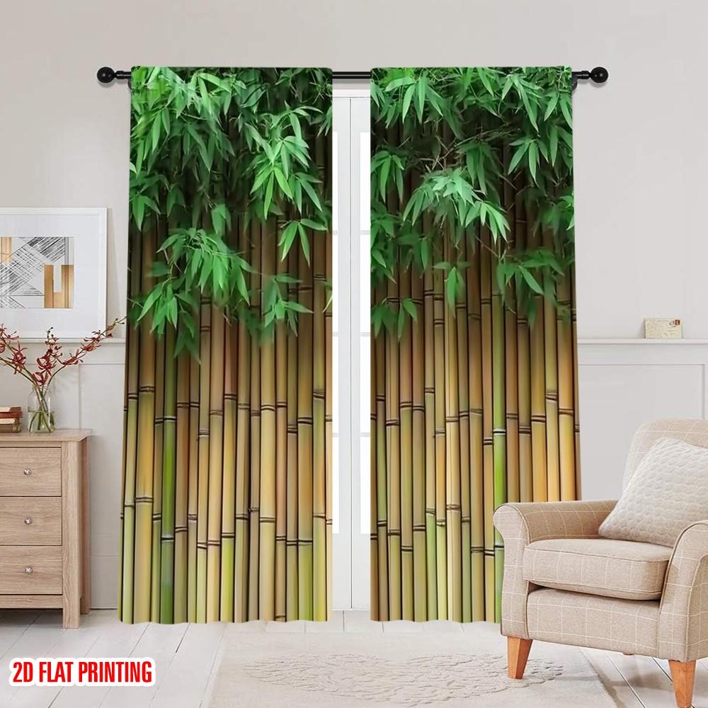 2pcs 2D flat printing Scene Curtain Bamboo Leaves And Fence (2) Digital Printed Polyester Drapes Festive Wall Decor Use for