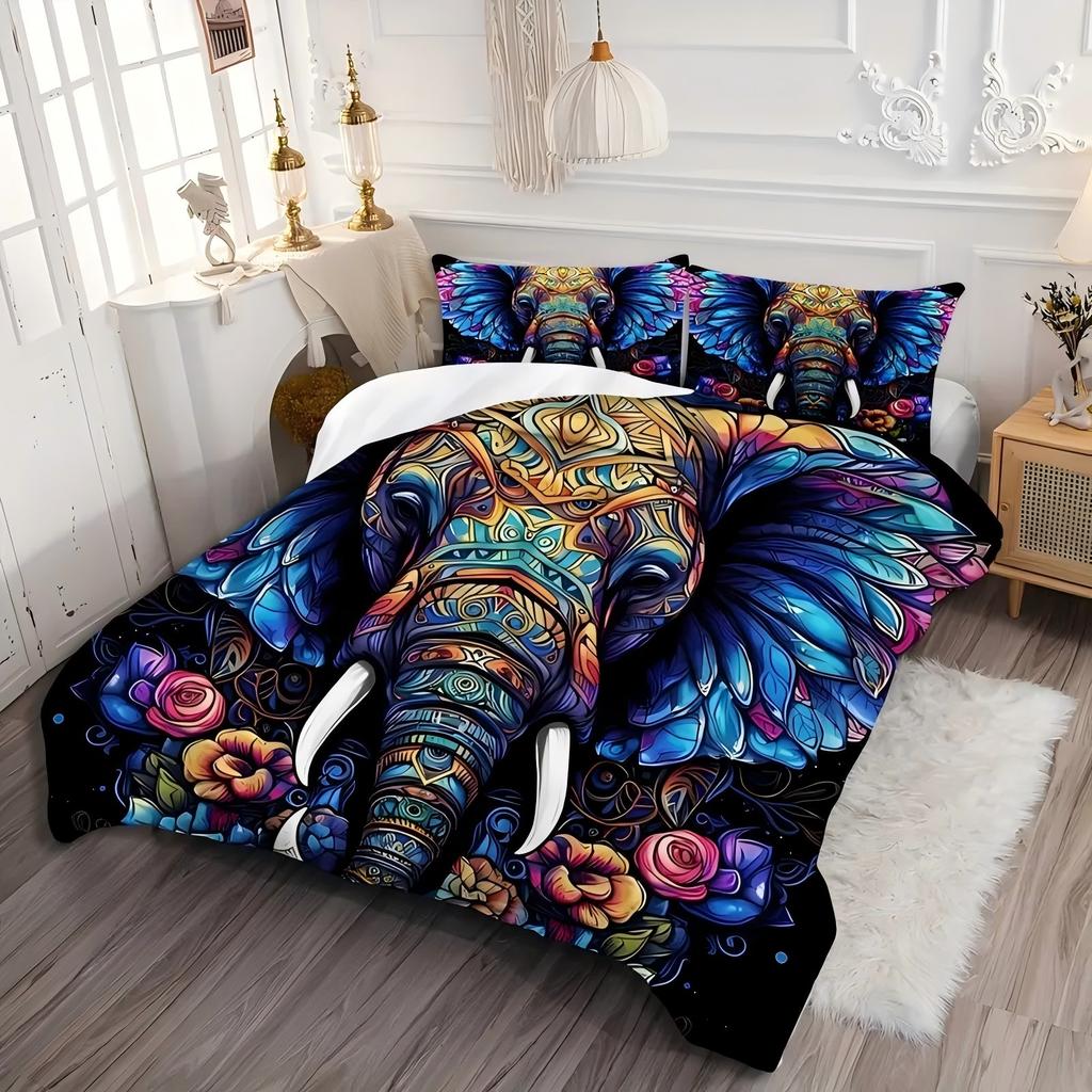 Colorful Elephant Flowers Pattern 3D Print Duvet Cover Soft Comfortable Luxury Bedding Set Wildlife Theme Quilt Cover Pillowcase