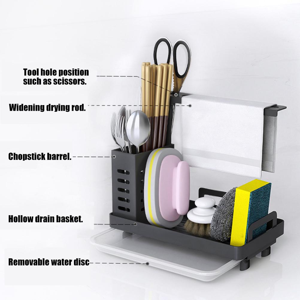 Kitchen Sink Caddy Organizer 304 Stainless Steel Sponge Soap Brushes Dispenser Holder with Rag Rack