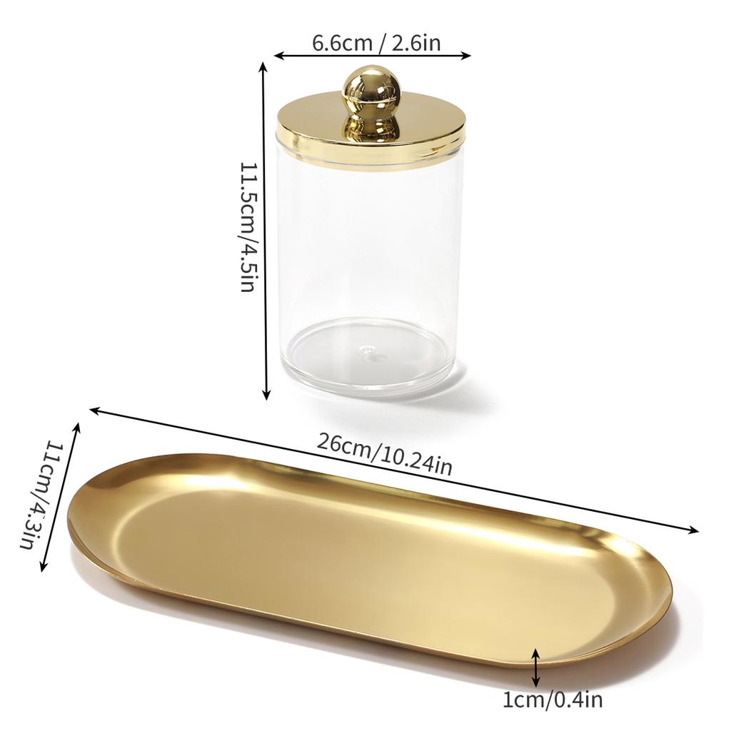 Lot de 2/3 Porte-cotons-tiges Ensemble de salle de bain avec organisateur de plateau doré Bocaux d'apothicaire en plastique acrylique Distributeur de cotons-tiges Boîte avec couvercle