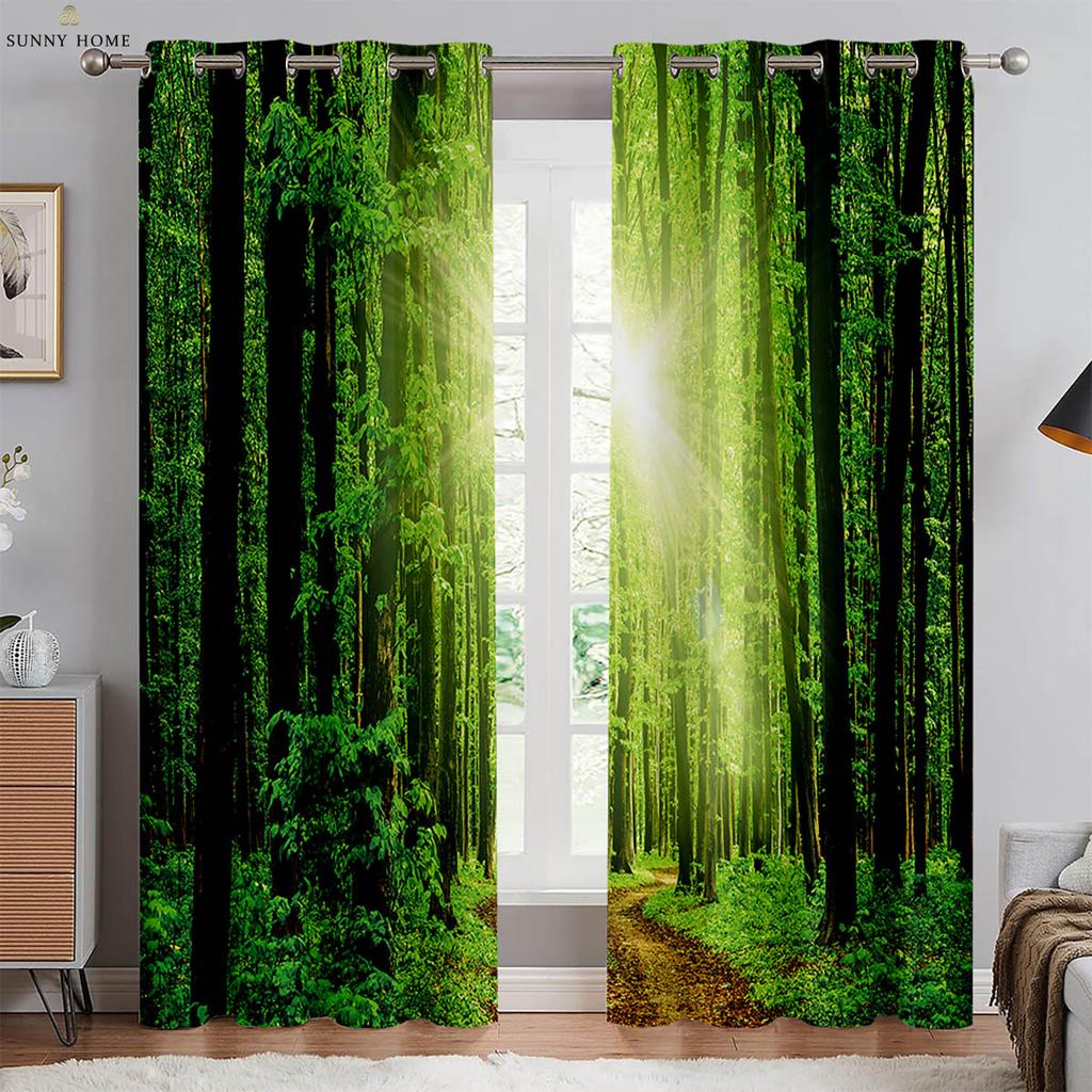 Green Forest Scenery 3d Printed Curtains Black Silk Blackout Heat Insulation Curtains Bedroom Study Living Room Curtains 2pcs