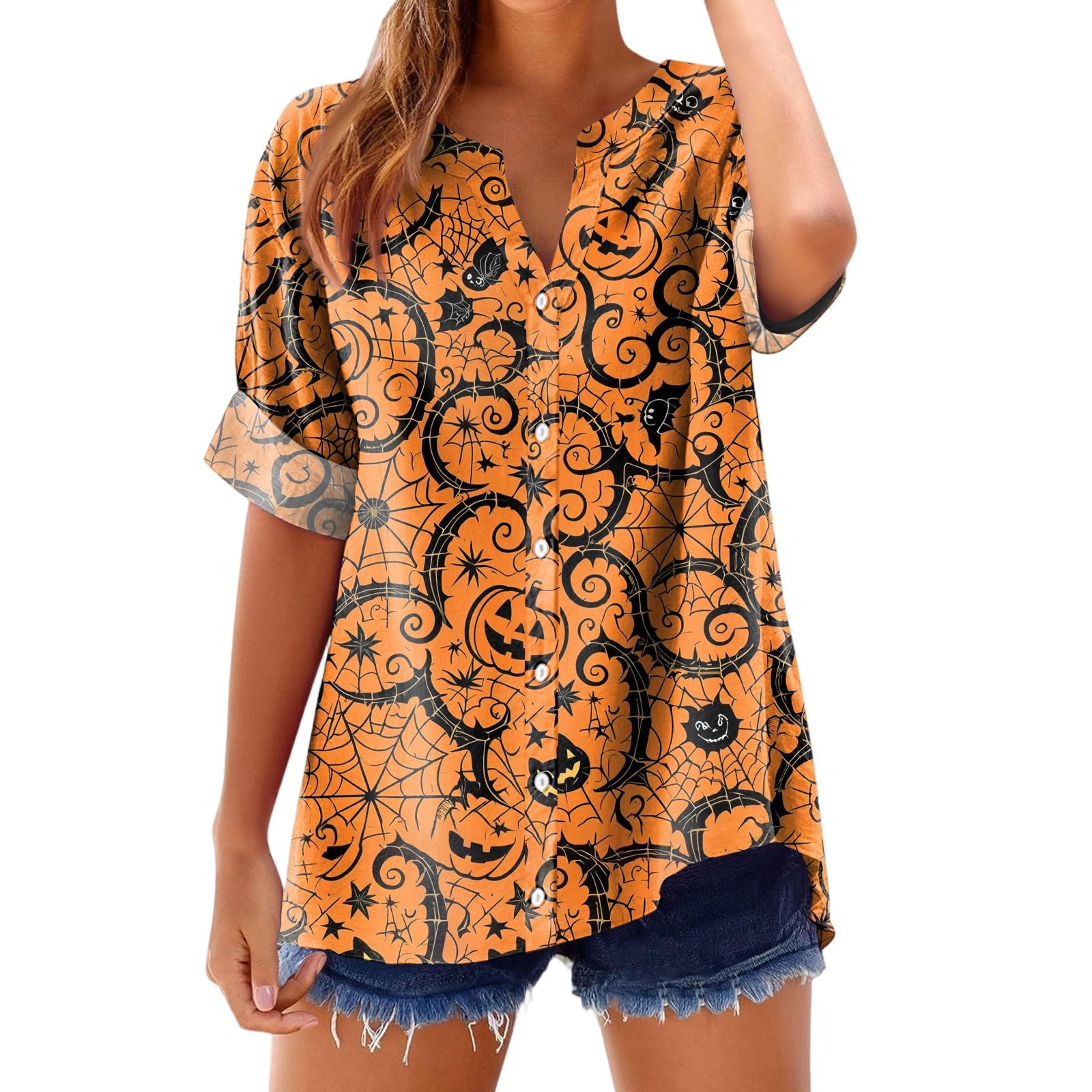 

Женская модная, повседневная, удобная, свободного кроя футболка с принтом на Хэллоуин XL шафрановый