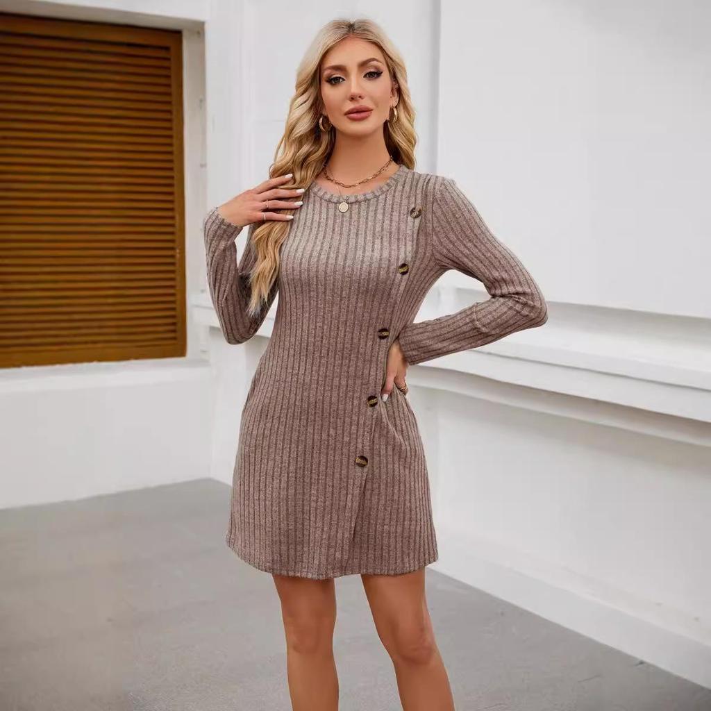 2024 Trendy Women's Long Sleeve Dress: Round Neck with Side Buttons, Pockets, and Waist Tie.