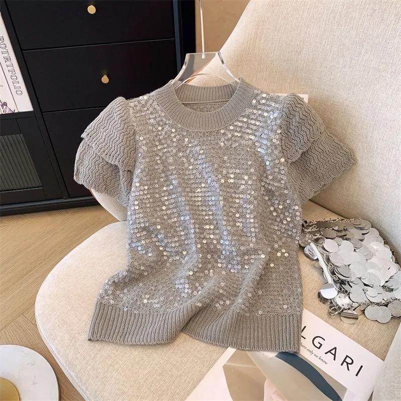 

Жіноча літня футболка з коротким рукавом та французькими блискітками, в язана, з круглим вирізом, солодкий пуловер для старіння 2XL сірий