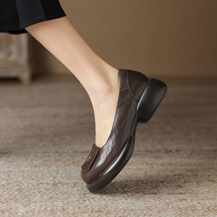 

2025 Retro Brown Camellia Leather Round-Toe Loafers with Thick Soles for Spring & Autumn 38