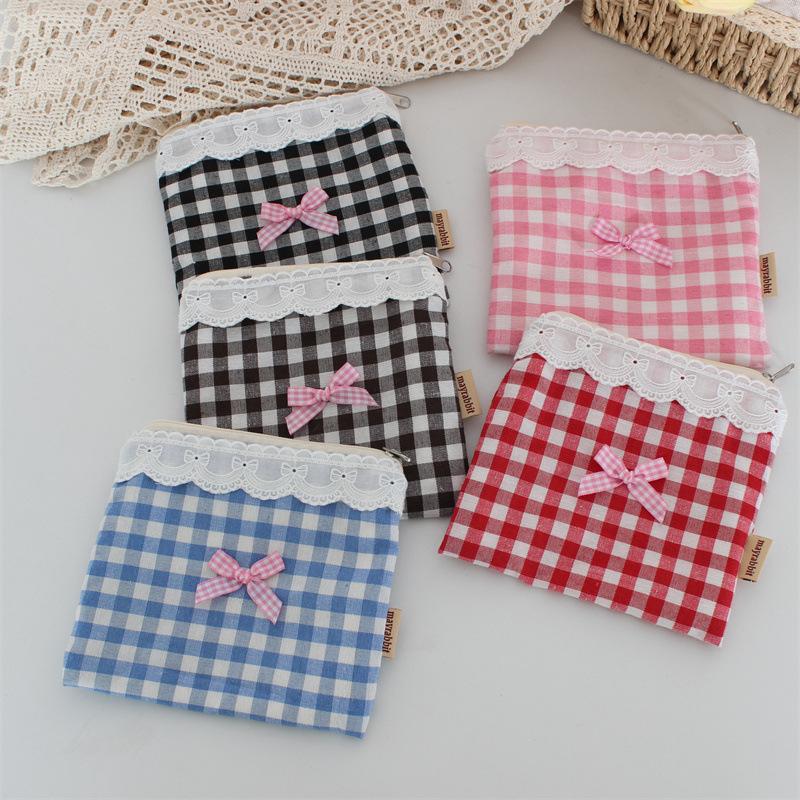 Ins Cute Plaid Coin Purse Sweet Lace Storage Bag Sanitary Napkin Bag High-value Lipstick Cosmetic Bag