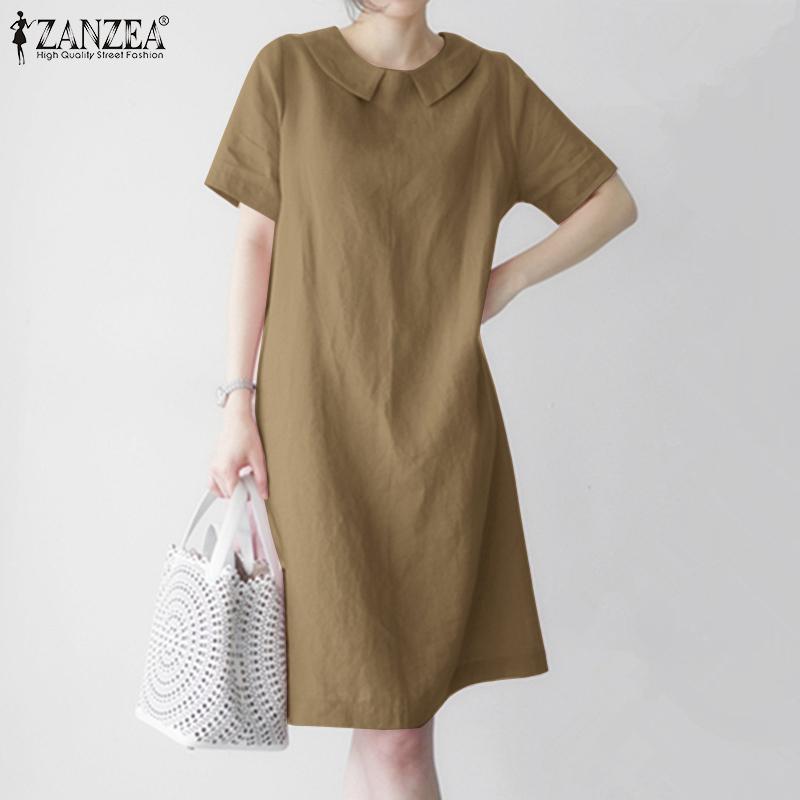 

ZANZEA Женское повседневное хлопковое летнее платье с короткими рукавами и круглым вырезом