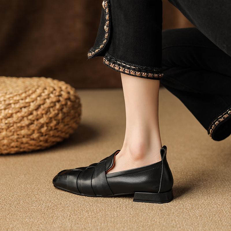 Mode 2025 NEU Herbst Damen Loafers Echtes Leder Damenschuhe Quadratische Zehenpartie Klobiger Absatz Schuhe Damen Pumps Weiche Damenschuhe