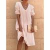 Women's V Neck Three Quarter Sleeve Loose Linen Midi Dress Casual Summer Tunic Dress