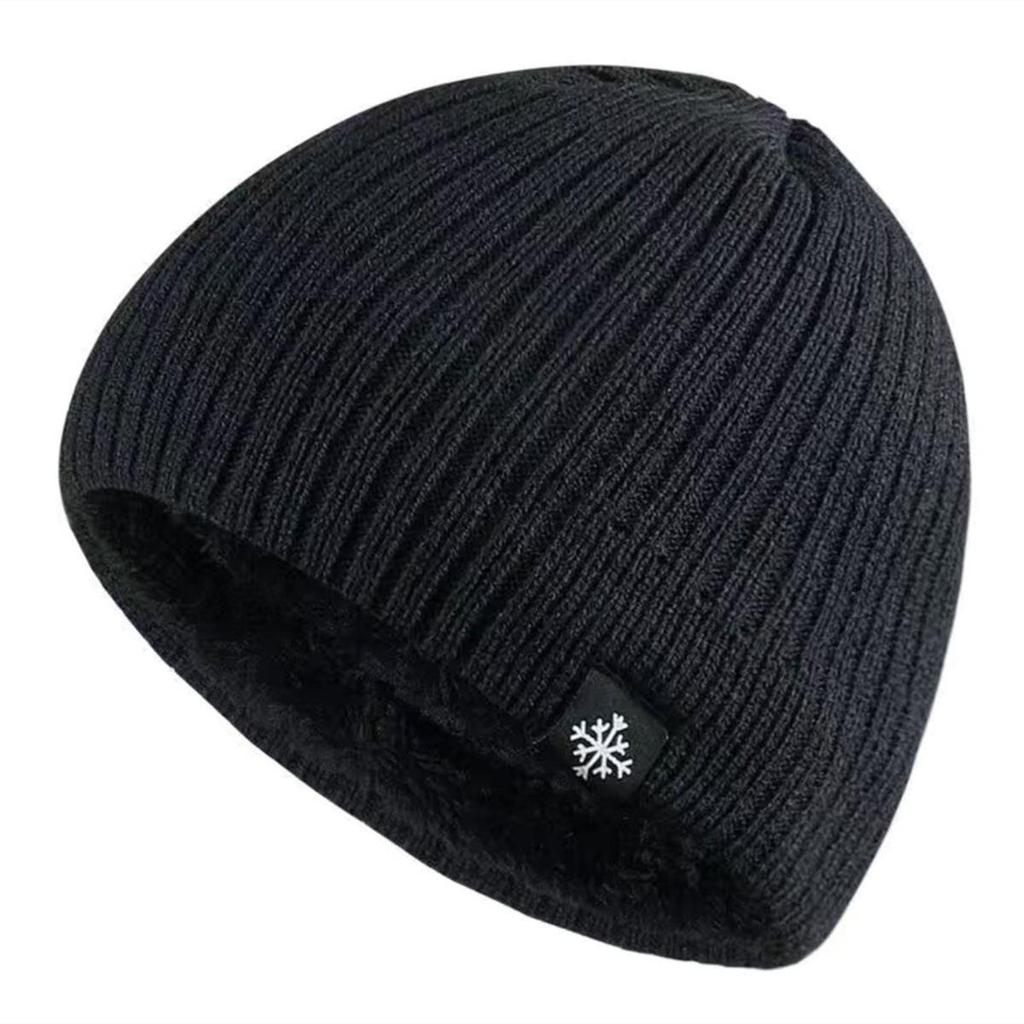 Snowflake Striped Knitted Beanie Hat, Double Layer Fleece Lined Winter Hat, Thick Warm Brimless Cap for Men and Women