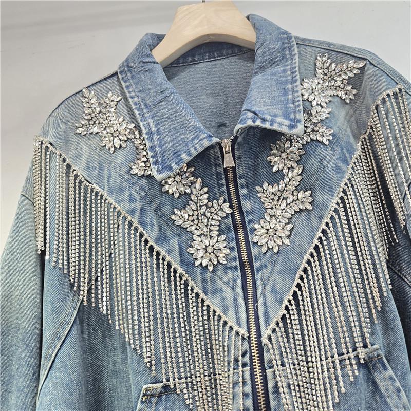 Women's Niche Tassel Denim Jacket with Rhinestones - Spring/Autumn Loose Fit (2026)