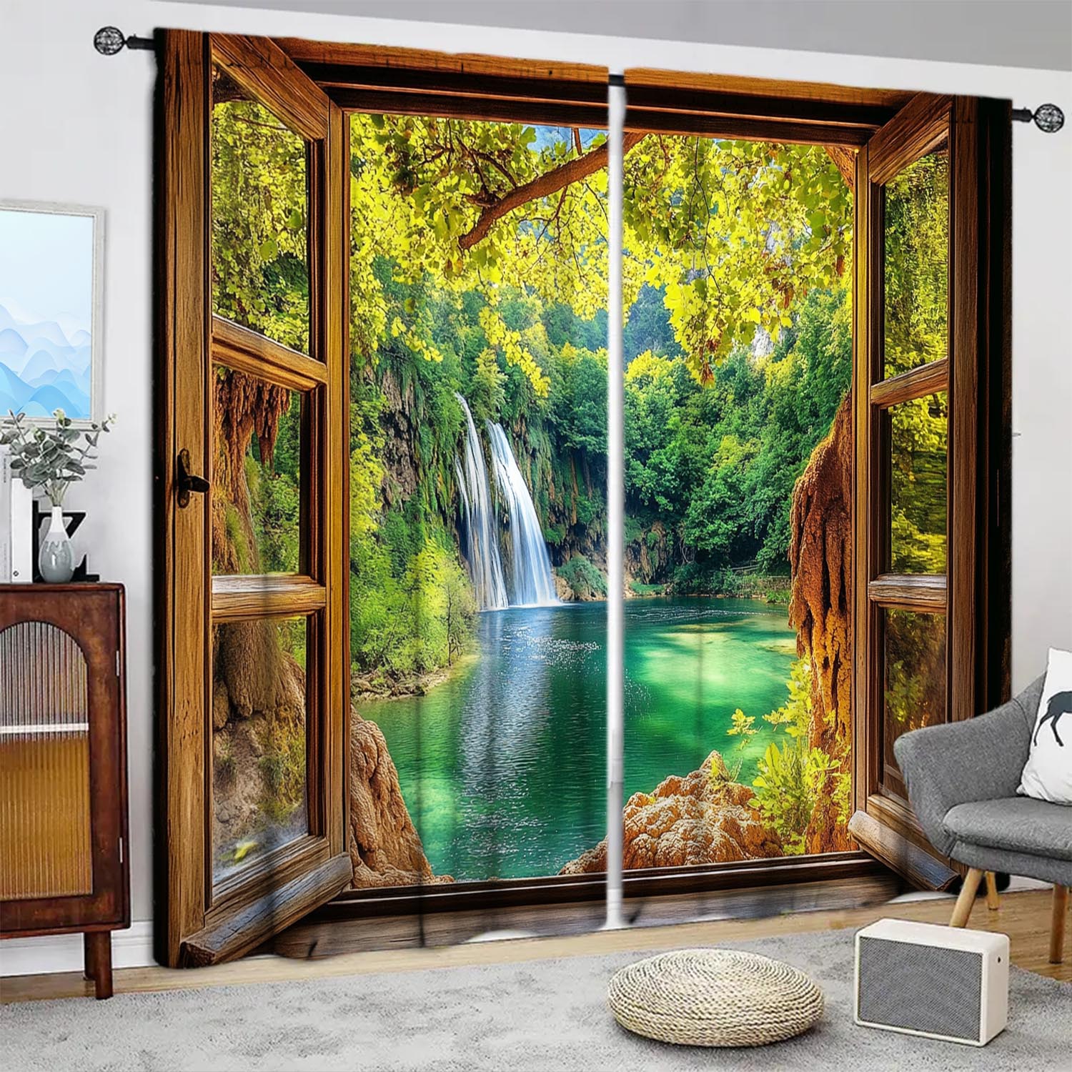 

Panels Green Glass Striped Decorative Curtains Semi Transparent Without Lining Durable Polyester Fiber Curtain Made Of Washable W100*H70(CM)-Grommet top&2PCS