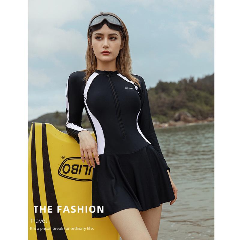 2024 Women's Long-Sleeve Slimming One-Piece Swimsuit: Belly-Covering, Sun-Proof, Skirt-Style, Conservative, Plus-Size.