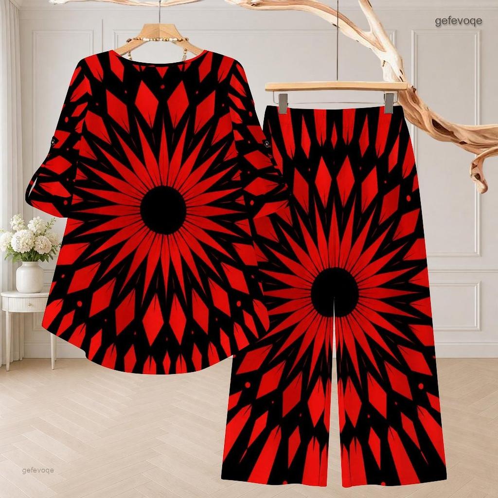 Women Plus Size Round Neck Mid Sleeve Printed Asymmetrical Top Wide Leg Pants Two Piece Set