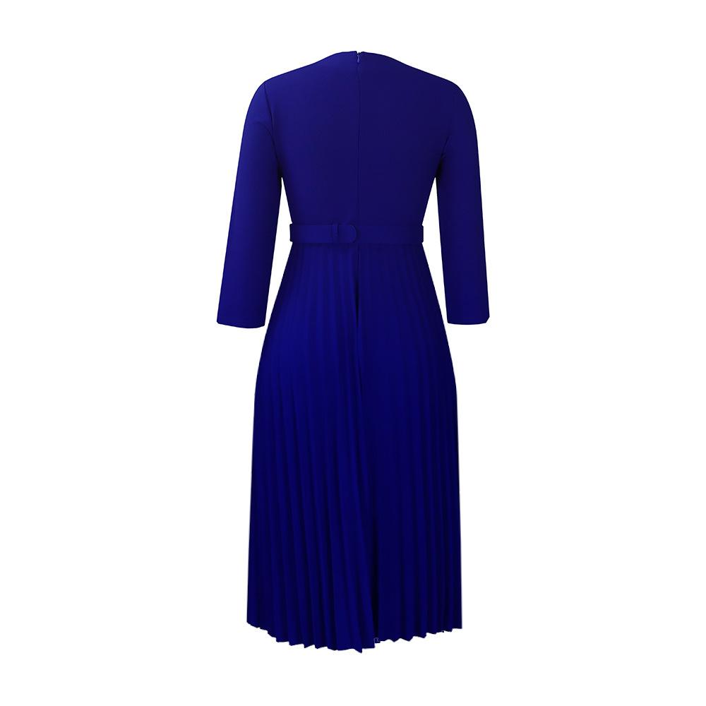 IHUASU Solid Color Print Spring Autumn Women's Autumn Long Sleeve V-neck Fashion Temperament Elegant Pleated Skirt High Waist Dress