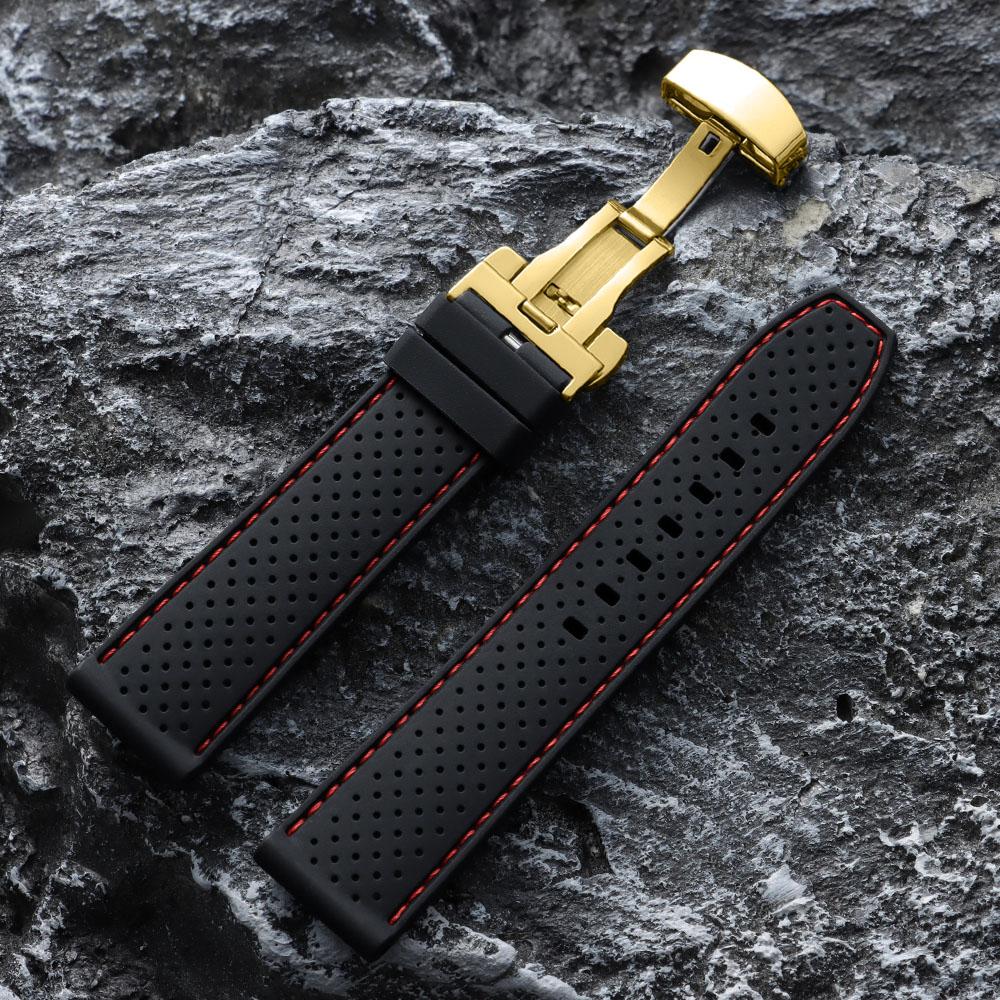 20mm 22mm Premium Silicone Watch Band Butterfly Buckle Waterproof Soft Rubber Strap Breathable Strap Replacement Universal Watch
