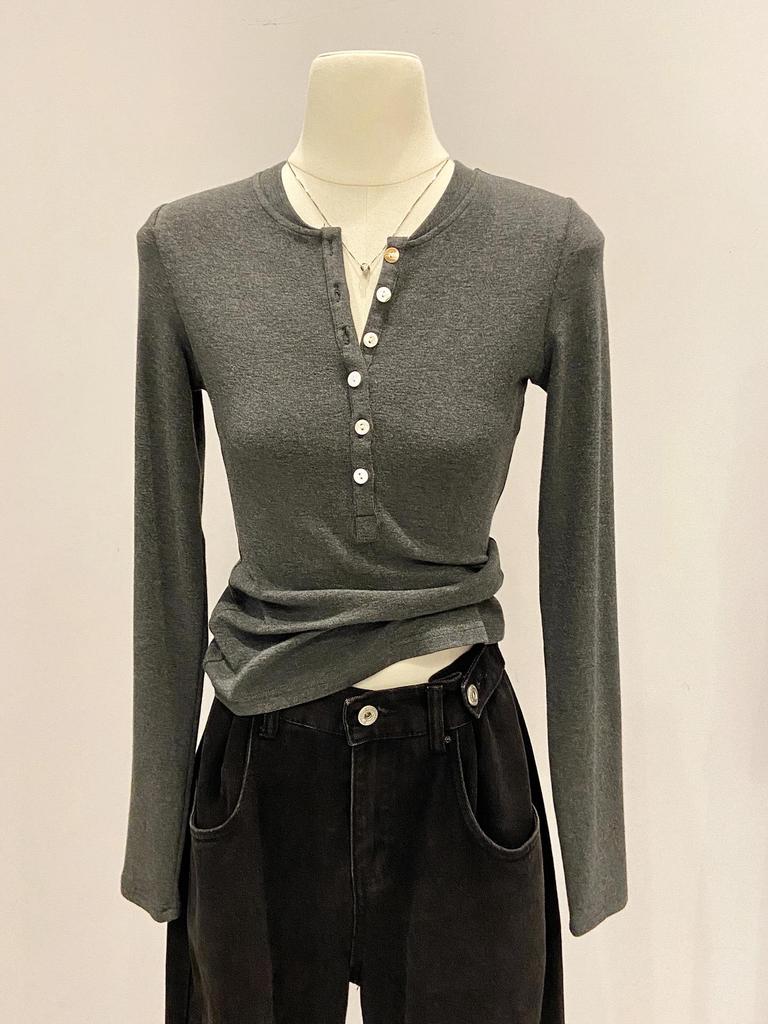 Women's Slim Fit Long Sleeve Henley Collar Mousse Cashmere Top for Spring/Autumn