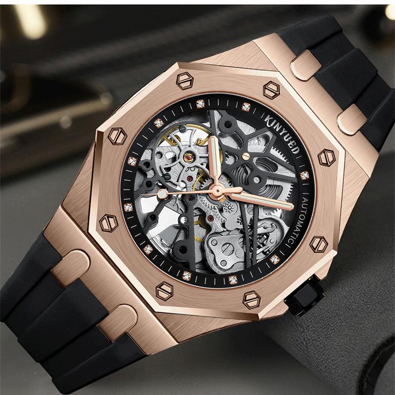 KINYUED Mode Skelett Mechanische Uhr Top Marke Luxus Herren Steampunk Transparent Hohl Automatische Uhr Relogio Masculino
