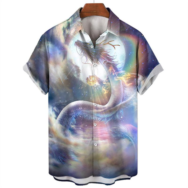 Summer Men's Dragon Pattern Element Shirt Social Casual Vintage Hawaiian Shirt  New Oversize Short Sleeve Street Clothing