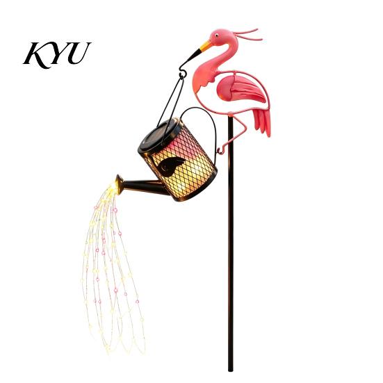 Outdoor Waterproof Metal Yard Decor Solar Flamingo Watering Can Light, Powered LED Garden Fairy Tale Patio Ornament Pathway Light with Stake for Lawn