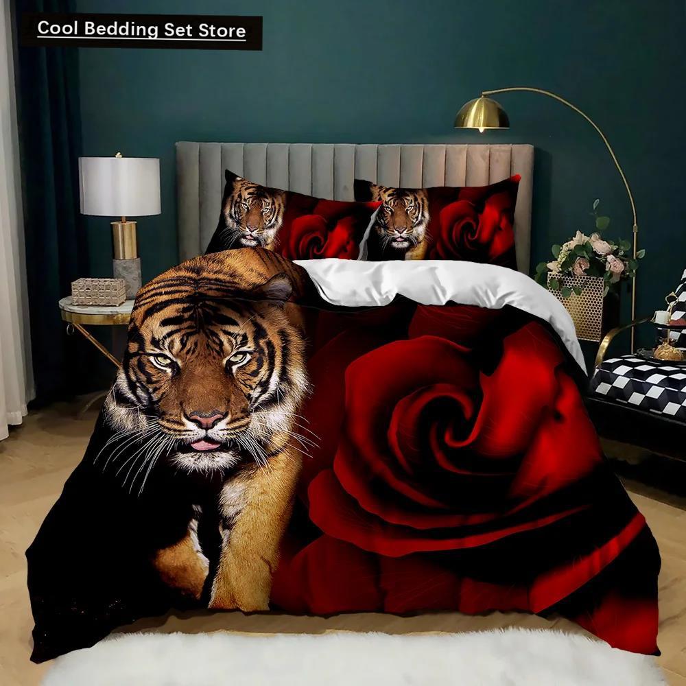 Tiger Duvet Cover Set Red Rose Flower Comforter Cover Boys African Safari Wild Animals Big Cat Queen King Polyester Qulit Cover