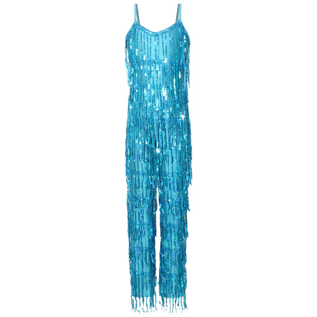 Girls Disco Latin Dance Jumpsuit Multi Layer Shiny Sequin Tassels Sleeveless Adjustable Straps Long Pants