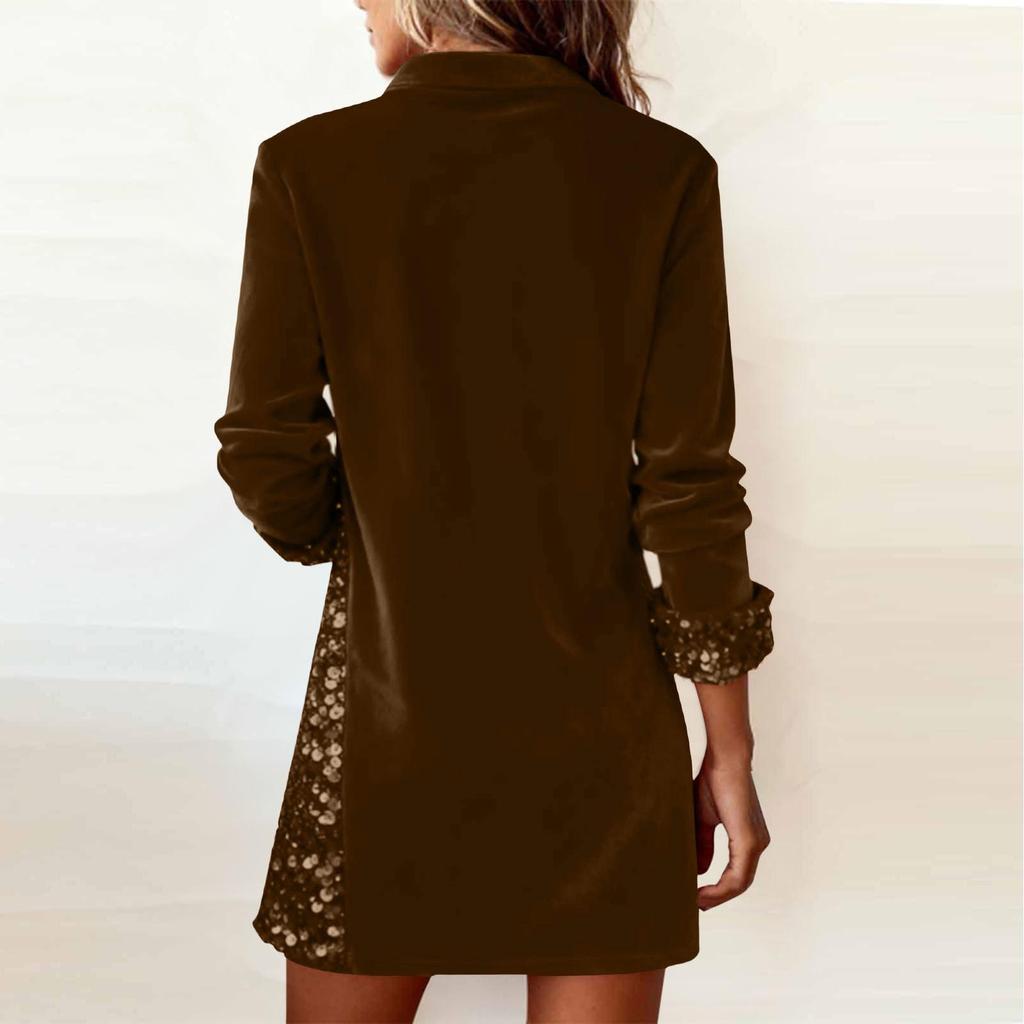 Women's Sequin Lapel Patchwork Dress – 14 Solid Colors, Long Sleeve Party Dancewear