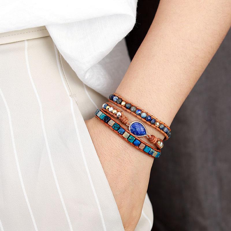 Trendy and Popular In Europe and America: Lapis Lazuli and Imperial Stone Multi-layered Braided Bracelet with Leather Cord, Wholesale Jewelry.