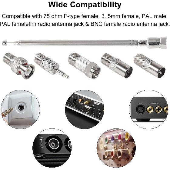 FM Telescopic Antenna 75 Ohm Indoor FM Radio Antenna F Type Male Plug Connector with 5pcs Converter for TV AM FM Radio Stereo Receiver