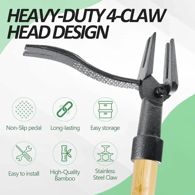 Weed Puller Stand-Up Weed Puller Tool with Long Handle & 4-Claw Steel Head 3-Sectioal Pole Design Garden Hand Weeding Tool