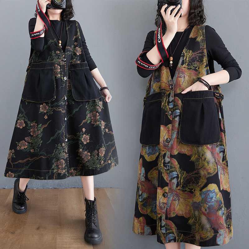 Plus Size Women Dress Vintage Elegant Lady Vestido Sleeveless Floral Print Denim Spring Jeans Dress 2021 Female Clothing