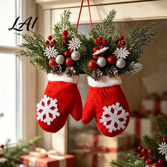 Christmas Hanging Ornaments Mitten Door Hanger Red White Glove Ornament with Pine Cone Berries Holiday Home Accents Fabric Wall Decor for