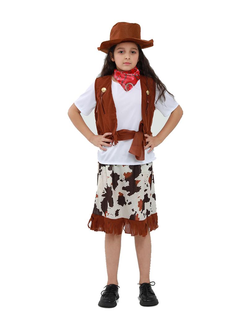 Kids Western Cowboy Costume Set Halloween Party Cosplay Outfit Carnival Role Play Clothes with Shirt Vest Bandana