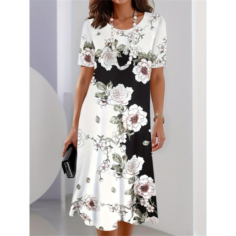 

Women s Printed A-Line Dress - Round Neck Short Sleeve with Pockets 8XL