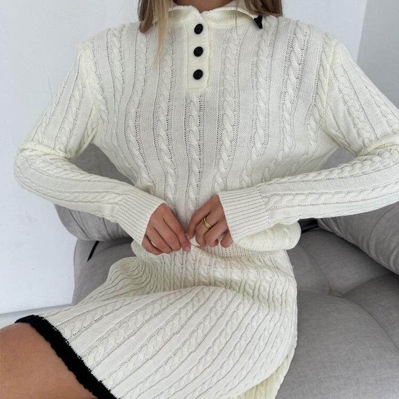 New Casual Skirt Suit With Long-Sleeve Knitted Buttoned Sweater + Short Skirt Two-Piece Set For Women