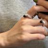 French Retro Open Ring in 925 Sterling Silver with Black Agate Spherical Design