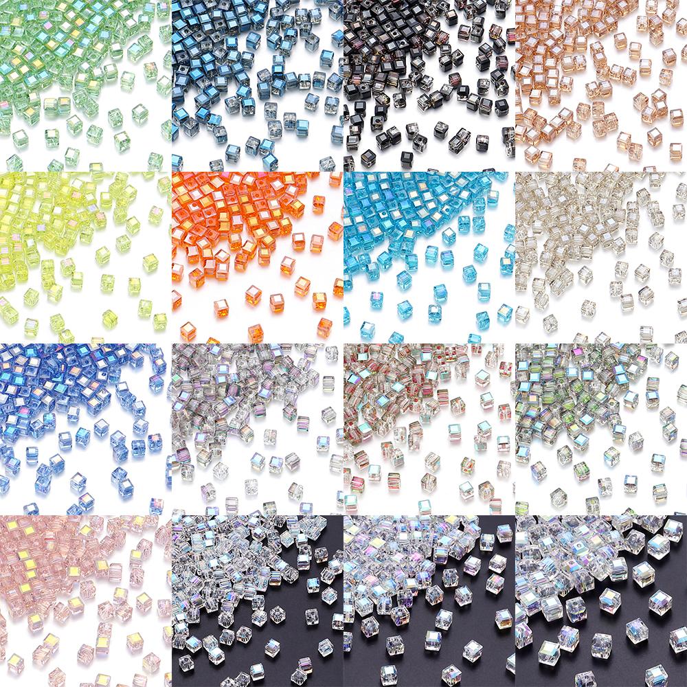 50 Pièces 4/6/8mm Cube Carré Facetté Cristal de Bohême Verre Perles Libres Artisanat pour Fabrication de Bijoux DIY Bracelet Collier Accessoires