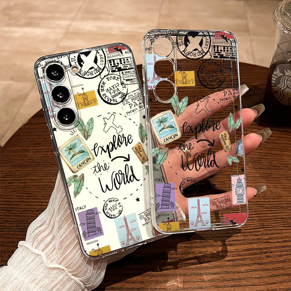Travel Postcard Phone Case For Samsung Galaxy A35 A55 A53 A54 A34 5G Note 20 S23 S25 S24 S22 S21 Ultra FE Plus Clear TPU Fundas