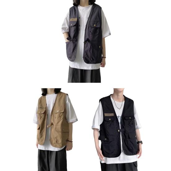 Unisex ležérní vesta bez rukávů s mnoha kapsami design vesta kabát zip knoflíky zapínání bunda cargo