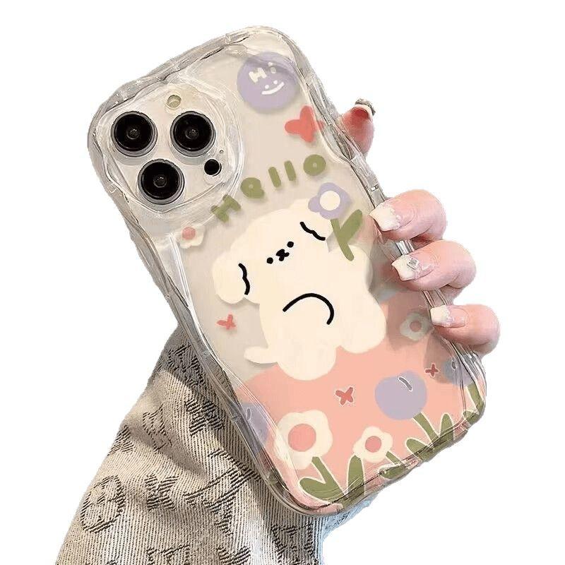 Cartoon Flower Little White Dog iPhone17Promax Mobile Phone Case Transparent for Apple 16promax Cream Case