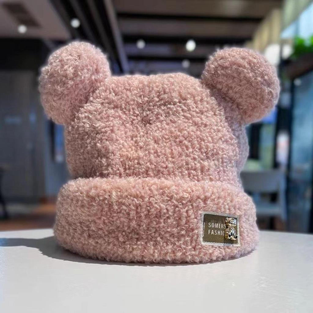 Autumn and winter thickened soft waxy warm cold ear protection cold hat Korean version of metal cute bear plush knitted versatile model