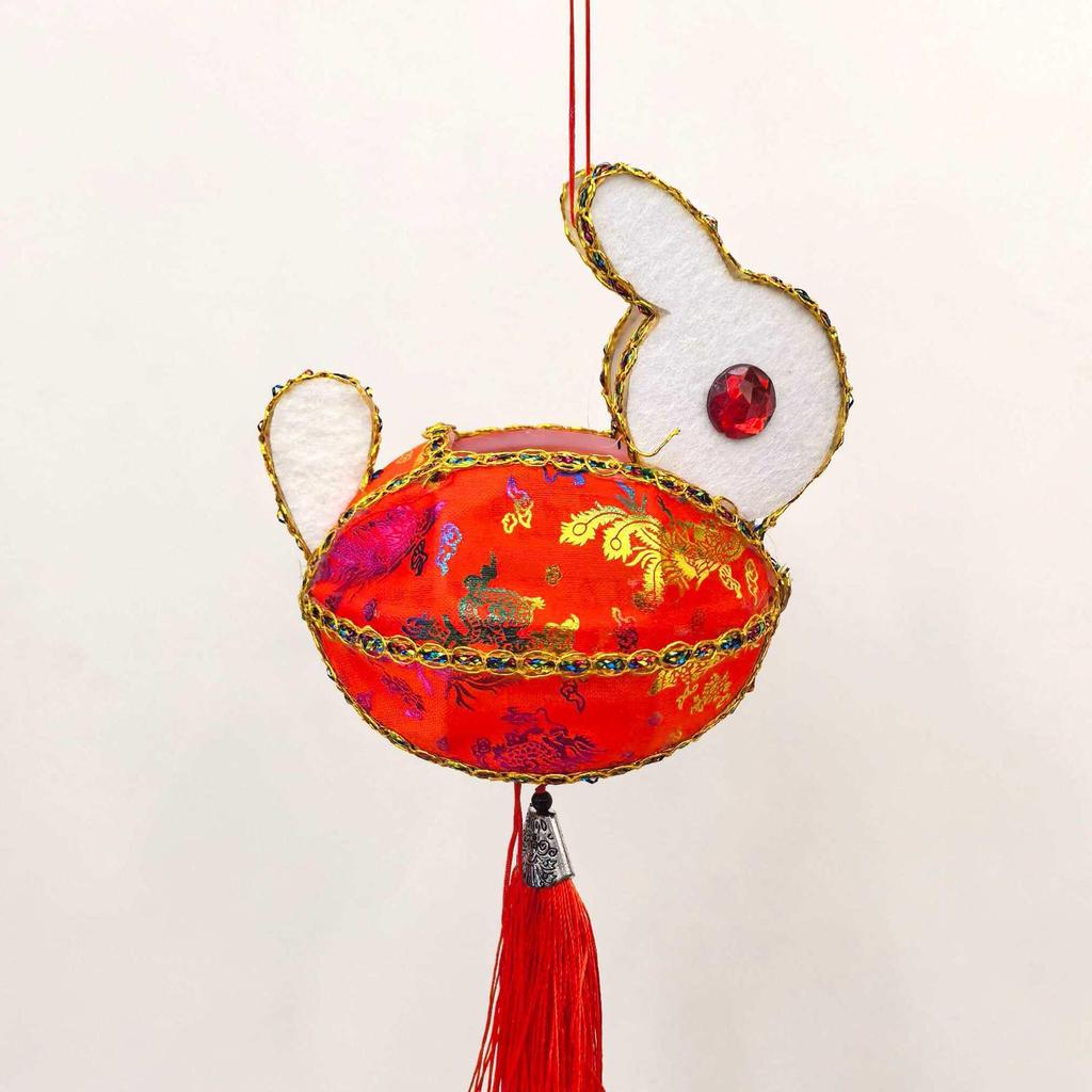 Mini Chinese New Year Rabbit Lantern: Colorful Handheld Ancient Style Fabric Lantern with Electronic Light-Up