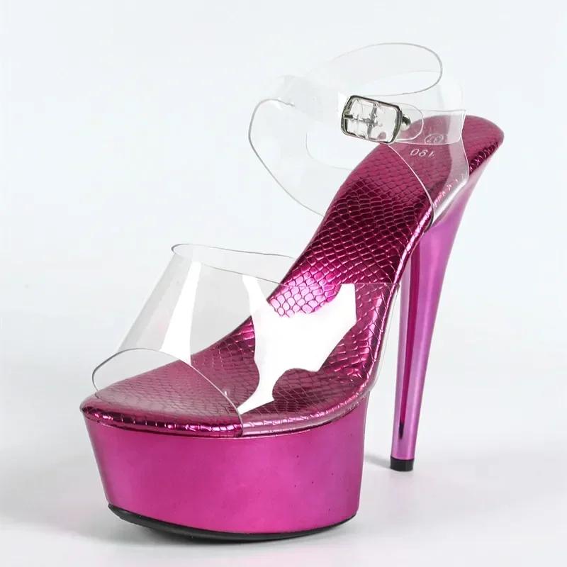 Fashion Purple Super High Heels Women 2025 Summer Sexy Thin High Heel 15cm Sandals Clear Pvc Platform Design Banquet Pole Dancing Shoes