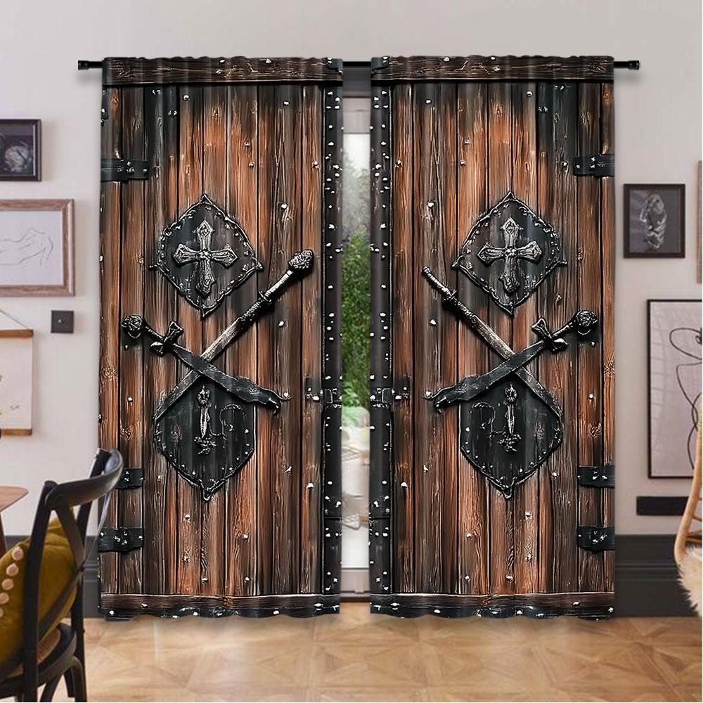 Set Of 2 Luxury Brown Curtain Forged Door Pattern Suitable Living Room Dining Kitchen Bedroom Bathroom Study For Made Polyester