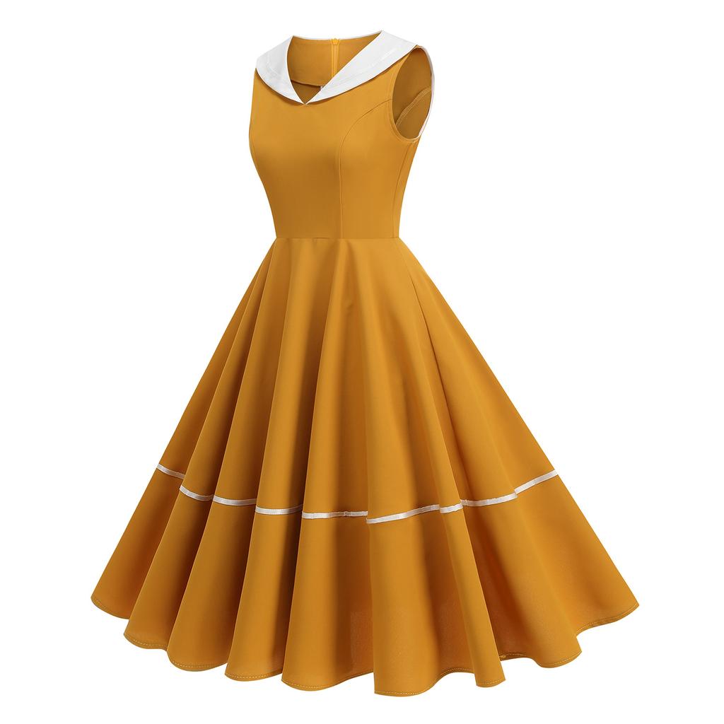 Retro Nautical-style Woven-strap Dress In a Hepburn-inspired Design, Featuring a Full Skirt and Mid-length Cut for a Sophisticated and Elegant Look