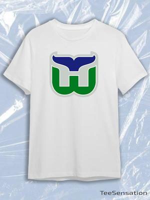 TeeSensation White Crew Neck Short Sleeve T-Shirt with Hartford Whalers Green Blue Whale Tail H Hockey Logo Print