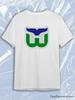 TeeSensation White Crew Neck Short Sleeve T-Shirt with Hartford Whalers Green Blue Whale Tail H Hockey Logo Print
