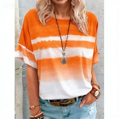 Women Casual Loose Short Sleeve T-Shirt Vintage Watercolor Gradient Striped Round Neck Soft Daily Basic Pullover Top